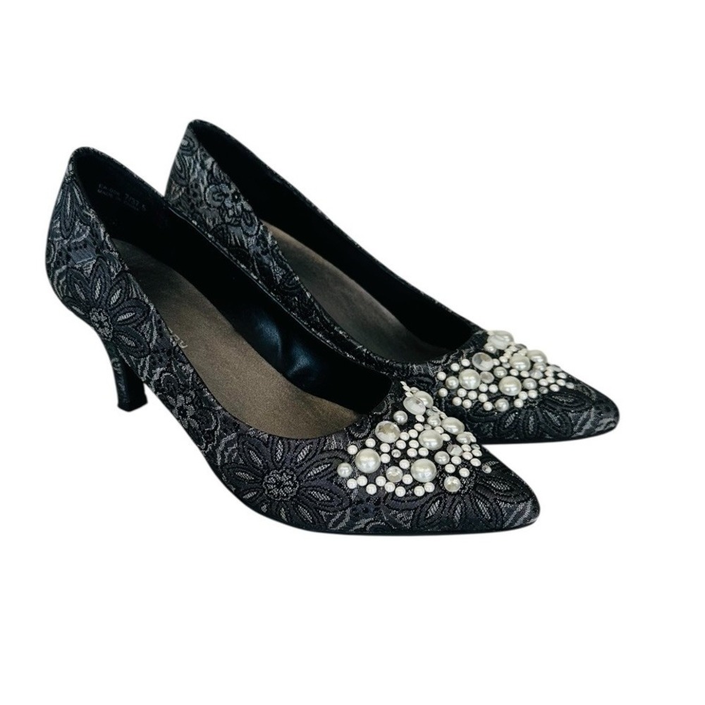 Laundry Pump Heel Black Shoes Tapestry Pearl &‎ Crystal Accent 7M Elegant NIB